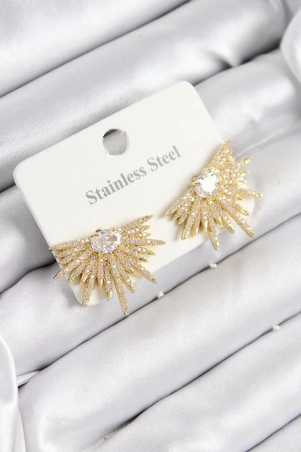 316L Çelik Zirkon Taşlı Yelpaze Model Gold Renk Kadın Küpe
