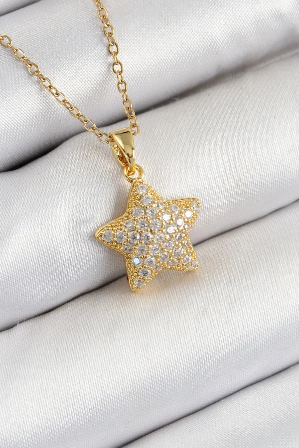 316L Çelik Zirkon Taşlı Yıldız Model Gold Renk Kadın Kolye