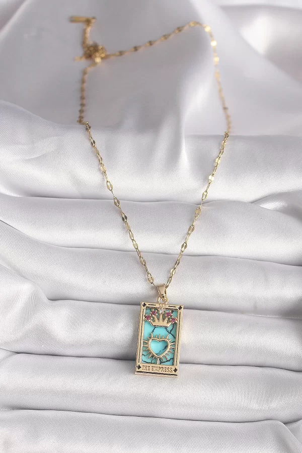 316L Gold Renk Pembe Zirkon Taşlı Taç Kalp Portre Model Kadın Kolye