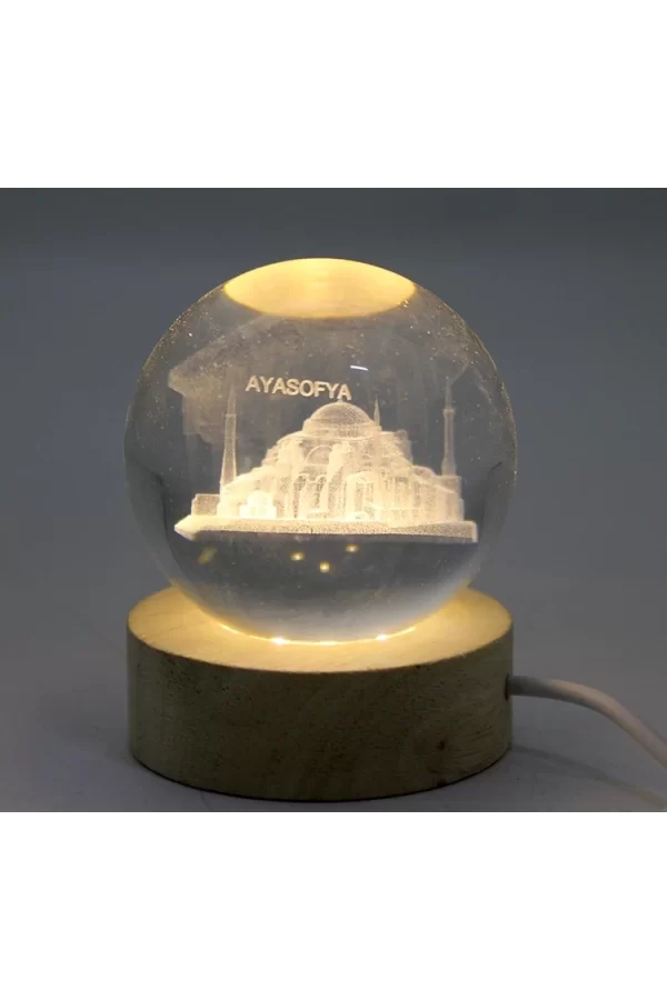 3d Kristal Cam Küre Ahşap Soketli İstanbul Temalı Led Lamba Alk2573