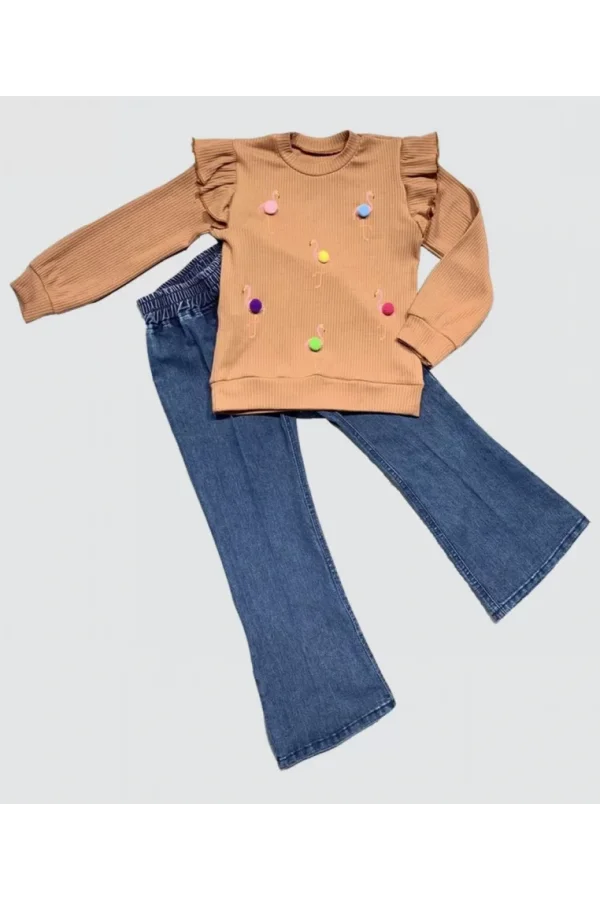 Luz&Pos 4-5-6 Yaş Kot Pantolonlu Flamingo Desenli Penye Sweat Uzun Kollu 2li Kız Çocuk Takımı Kahverengi