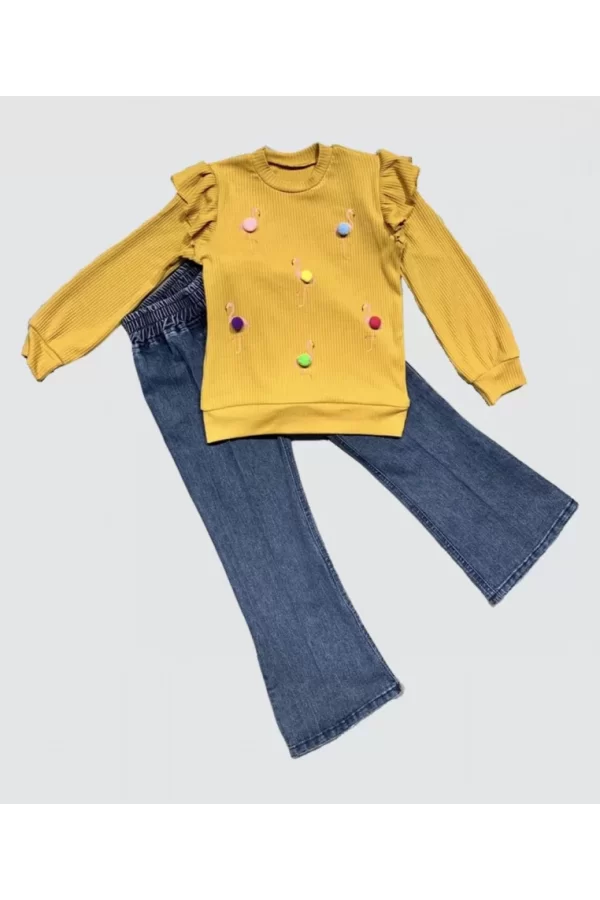 Luz&Pos 4-5-6 Yaş Kot Pantolonlu Flamingo Desenli Penye Sweat Uzun Kollu 2li Kız Çocuk Takımı Hardal