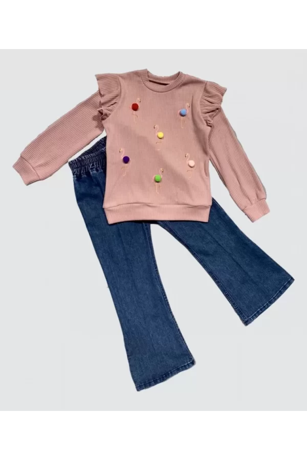 Luz&Pos 4-5-6 Yaş Kot Pantolonlu Flamingo Desenli Penye Sweat Uzun Kollu 2li Kız Çocuk Takımı Gül Kurusu