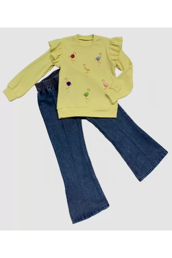 Luz&Pos 4-5-6 Yaş Kot Pantolonlu Flamingo Desenli Penye Sweat Uzun Kollu 2li Kız Çocuk Takımı Sarı