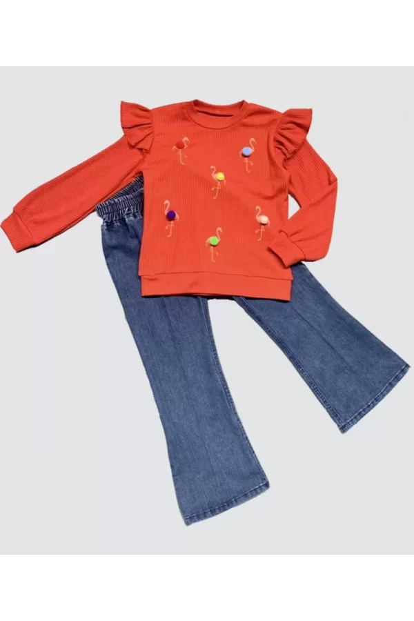 Luz&Pos 4-5-6 Yaş Kot Pantolonlu Flamingo Desenli Penye Sweat Uzun Kollu 2li Kız Çocuk Takımı Kırmızı