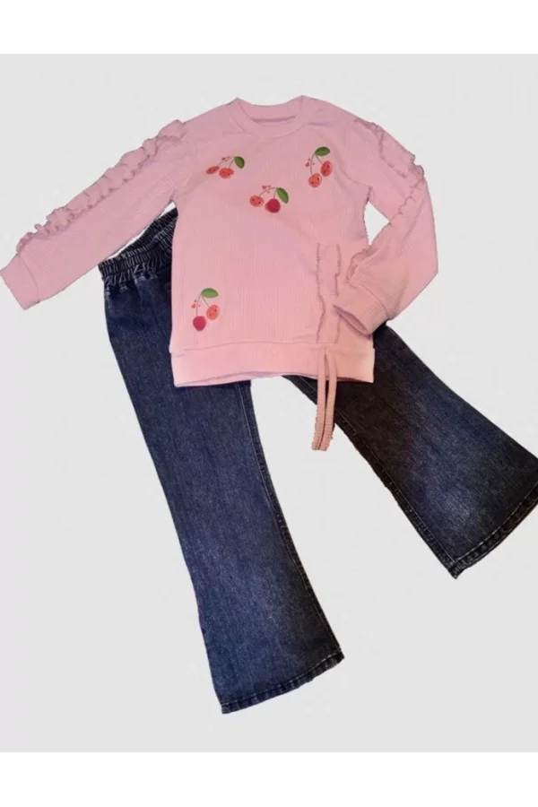 Luz&Pos 4-5-6 Yaş Kot Pantolonlu Kiraz Desenli Penye Sweat Uzun Kollu 2li Kız Çocuk Takımı Pembe