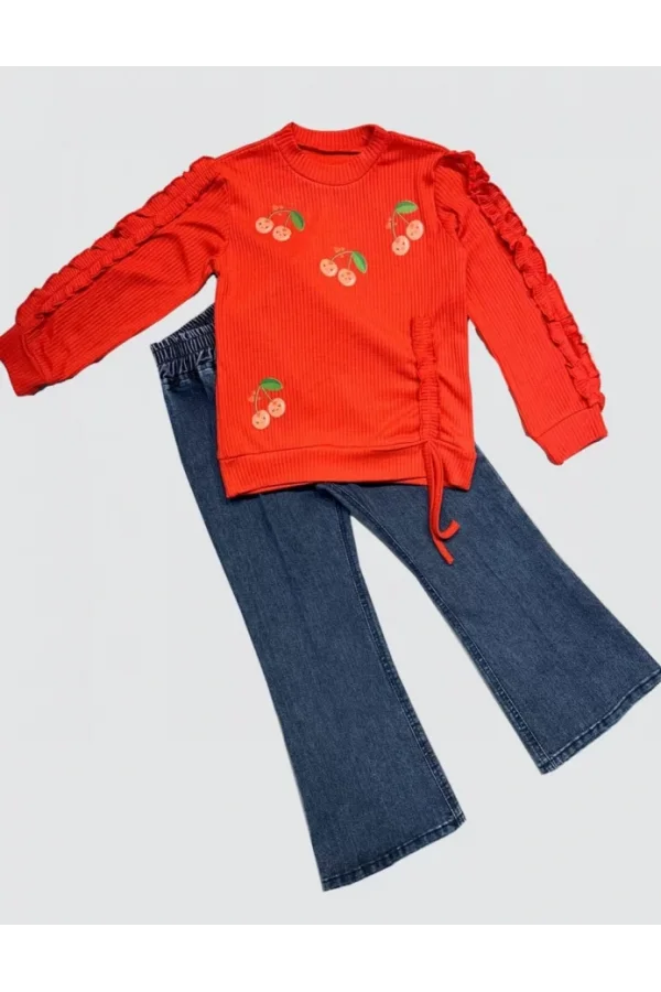 Luz&Pos 4-5-6 Yaş Kot Pantolonlu Kiraz Desenli Penye Sweat Uzun Kollu 2li Kız Çocuk Takımı Kırmızı