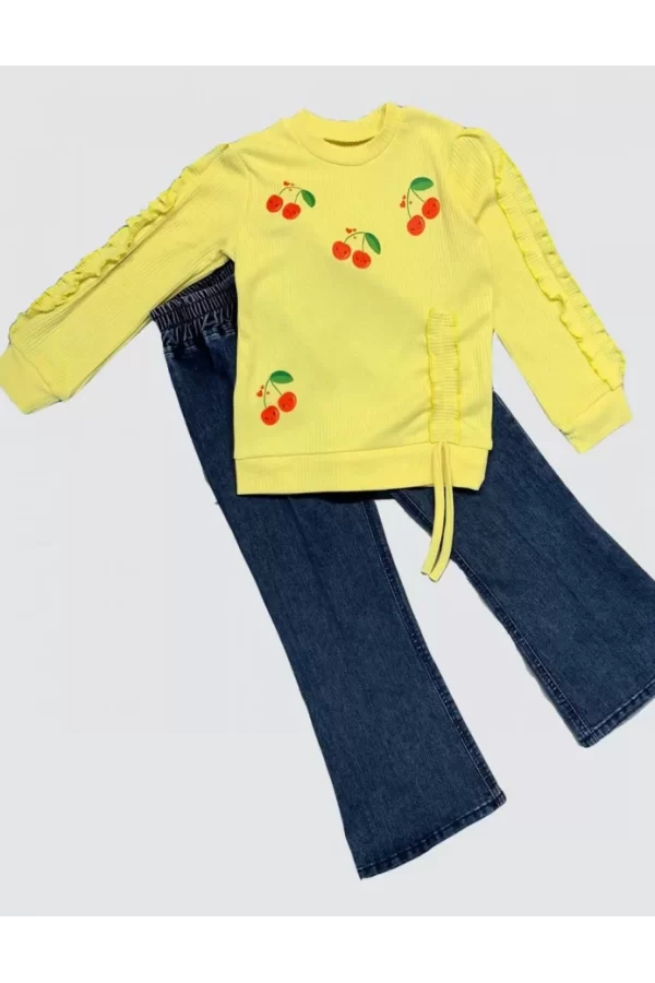 Luz&Pos 4-5-6 Yaş Kot Pantolonlu Kiraz Desenli Penye Sweat Uzun Kollu 2li Kız Çocuk Takımı Sarı