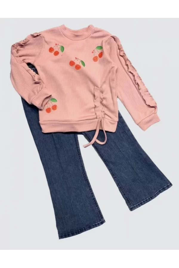 Luz&Pos 4-5-6 Yaş Kot Pantolonlu Kiraz Desenli Penye Sweat Uzun Kollu 2li Kız Çocuk Takımı Gül Kurusu