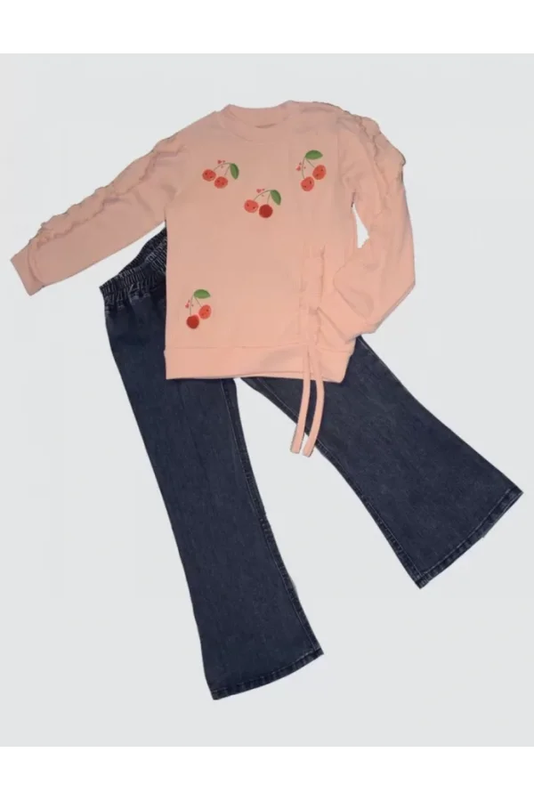 Luz&Pos 4-5-6 Yaş Kot Pantolonlu Kiraz Desenli Penye Sweat Uzun Kollu 2li Kız Çocuk Takımı Pudra