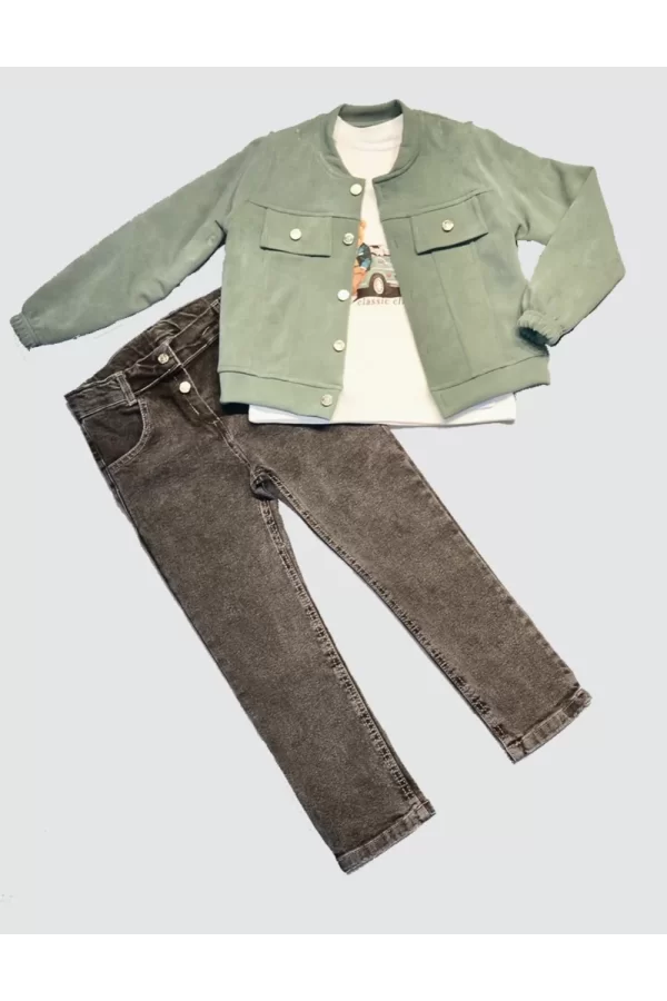 Luz&Pos 4-5-6 Yaş Kot Pantolonlu Nubukceketli Uzun Kollu Penye Sweat 3lü Erkek Çocuk Takımı Yeşil