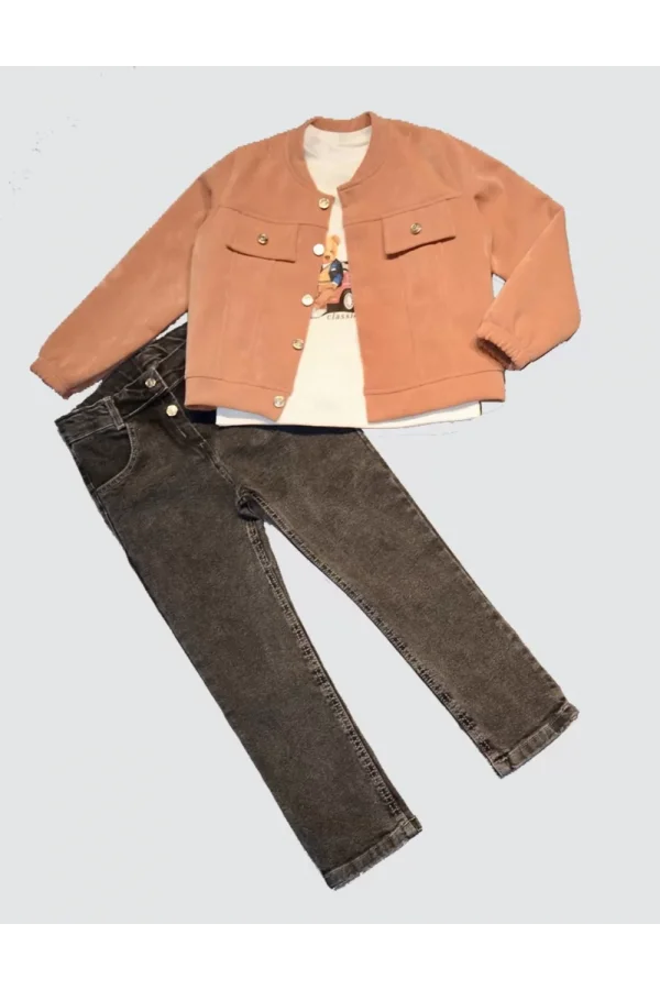 Luz&Pos 4-5-6 Yaş Kot Pantolonlu Nubukceketli Uzun Kollu Penye Sweat 3lü Erkek Çocuk Takımı Kiremit