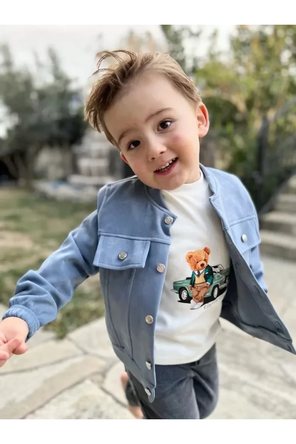 Luz&Pos 4-5-6 Yaş Kot Pantolonlu Nubukceketli Uzun Kollu Penye Sweat 3lü Erkek Çocuk Takımı Yeşil