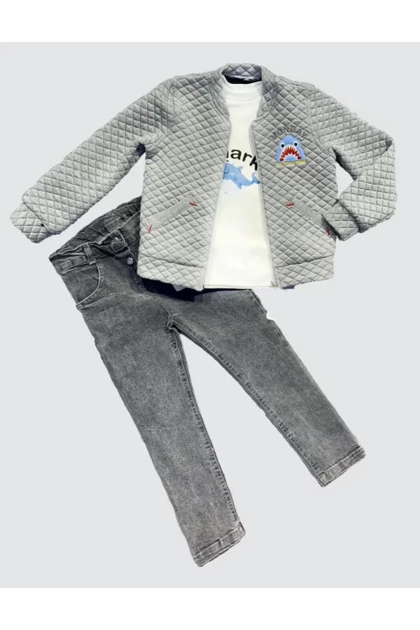 Luz&Pos 4-5-6 Yaş Kot Pantolonlu Pilot Mont Uzun Kollu Penye Sweat 3lü Erkek Çocuk Takımı Gri