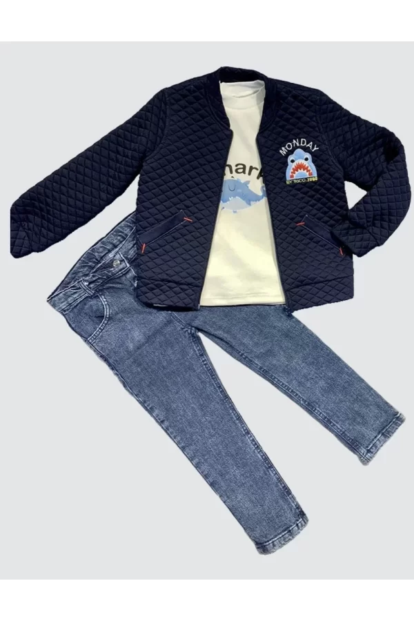Luz&Pos 4-5-6 Yaş Kot Pantolonlu Pilot Mont Uzun Kollu Penye Sweat 3lü Erkek Çocuk Takımı Lacivert