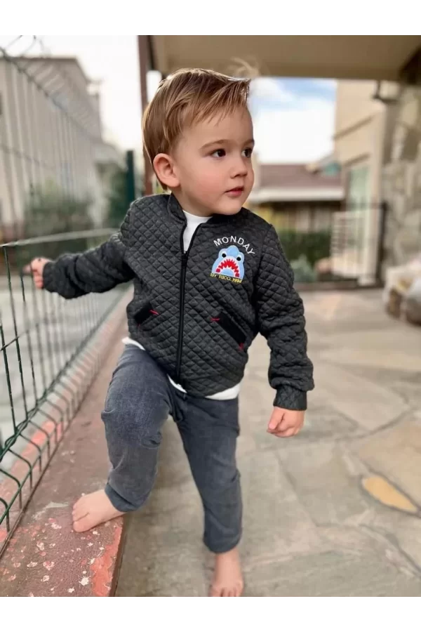 Luz&Pos 4-5-6 Yaş Kot Pantolonlu Pilot Mont Uzun Kollu Penye Sweat 3lü Erkek Çocuk Takımı Gri