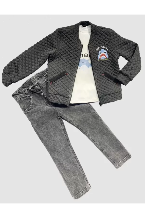 Luz&Pos 4-5-6 Yaş Kot Pantolonlu Pilot Mont Uzun Kollu Penye Sweat 3lü Erkek Çocuk Takımı Füme