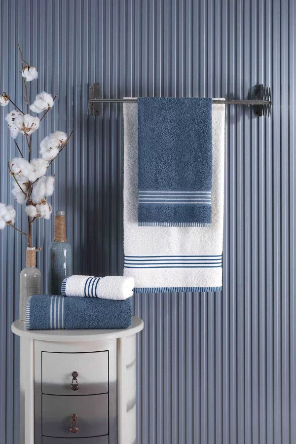 4 lü Kadın Erkek Banyo Havlusu Takımı Oscar Mavi Krem