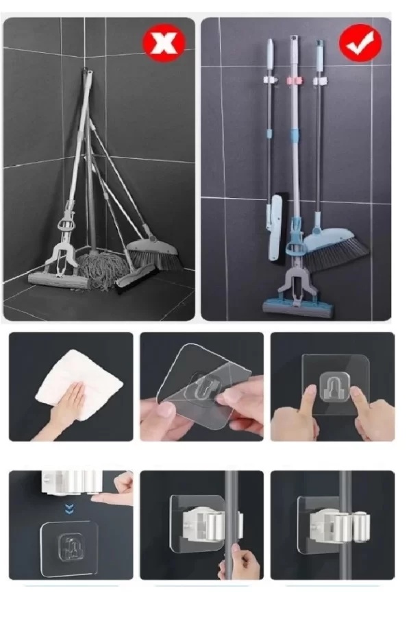 4 Lü Kelebek Yapışkanlı Mop Fırça Çekpas Sap Tutucu Organizer Banyo Düzenleyici