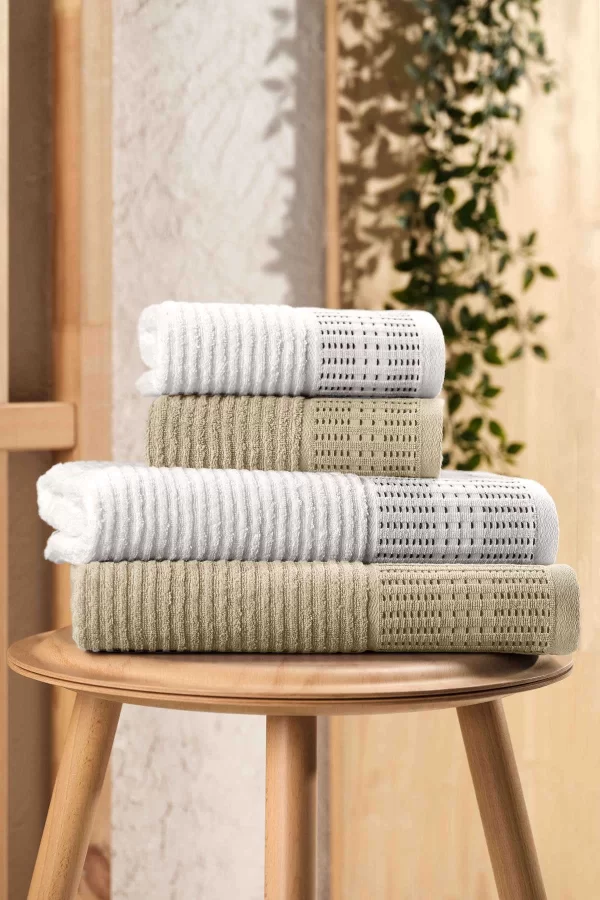 4 Parça Büyük Boy Banyo Havlu Takımı &#37;100 Pamuklu Marena Bej Krem