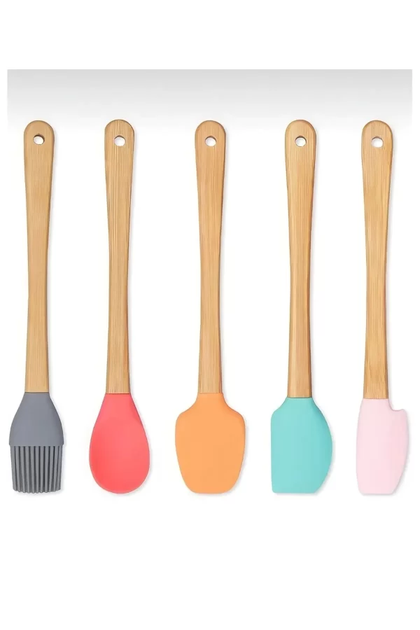 5&#39;li Renkli Ahşap Saplı Silikon Uçlu Spatula Fırçalı Kaşık Seti -yemek Hazırlık Seti 21 Cm