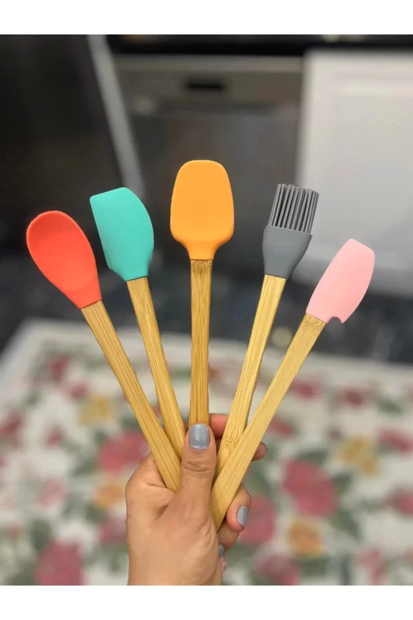 5&#39;li Renkli Ahşap Saplı Silikon Uçlu Spatula Fırçalı Kaşık Seti -yemek Hazırlık Seti 21 Cm