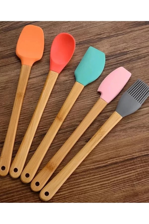 5&#39;li Renkli Ahşap Saplı Silikon Uçlu Spatula Fırçalı Kaşık Seti -yemek Hazırlık Seti 21 Cm
