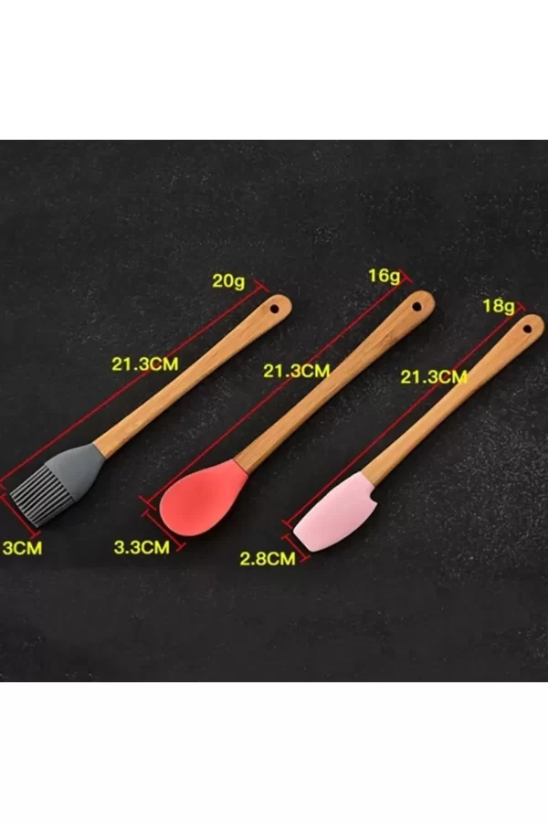 5&#39;li Renkli Ahşap Saplı Silikon Uçlu Spatula Fırçalı Kaşık Seti -yemek Hazırlık Seti 21 Cm