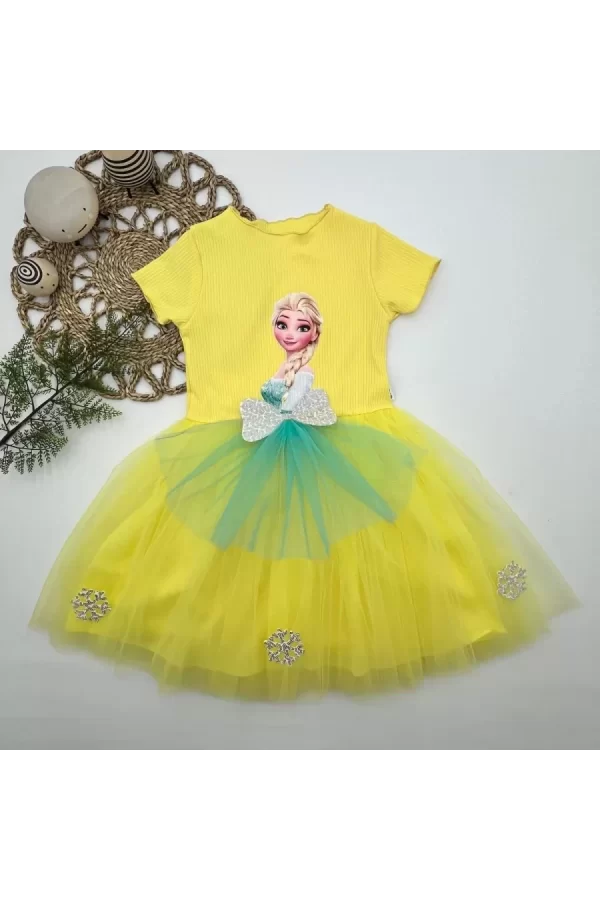 Luz&Pos 5-6-7 Yaş Elsa Desenli Fiyonklu Tül Etekli Astarlı Kısa Kollu Kız Çocuk Tütü Elbise Sarı