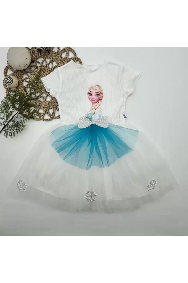 Luz&Pos 5-6-7 Yaş Elsa Desenli Fiyonklu Tül Etekli Astarlı Kısa Kollu Kız Çocuk Tütü Elbise Beyaz