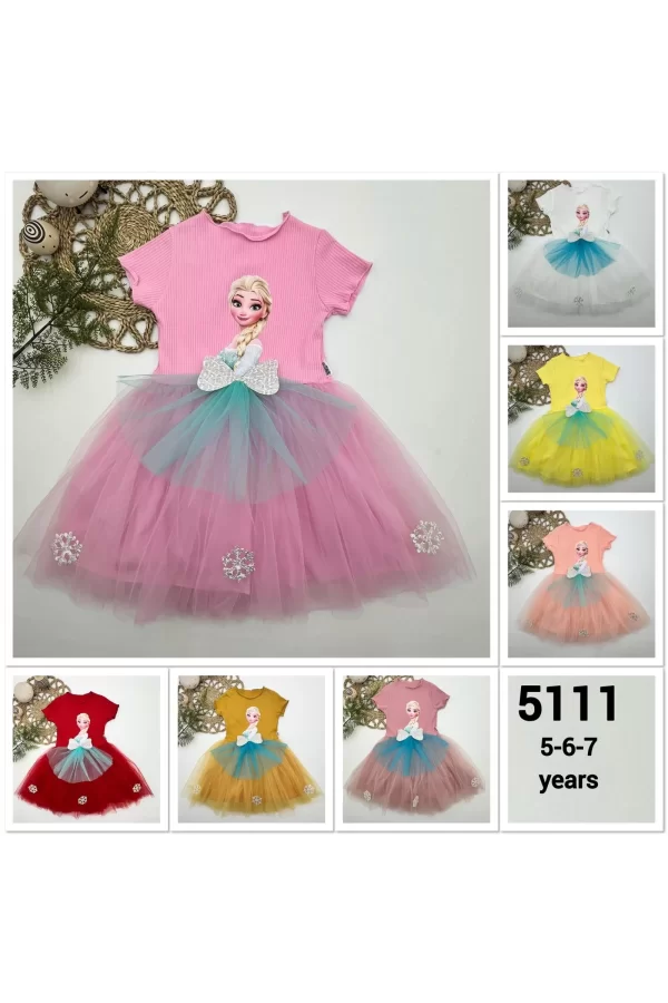 Luz&Pos 5-6-7 Yaş Elsa Desenli Fiyonklu Tül Etekli Astarlı Kısa Kollu Kız Çocuk Tütü Elbise Sarı