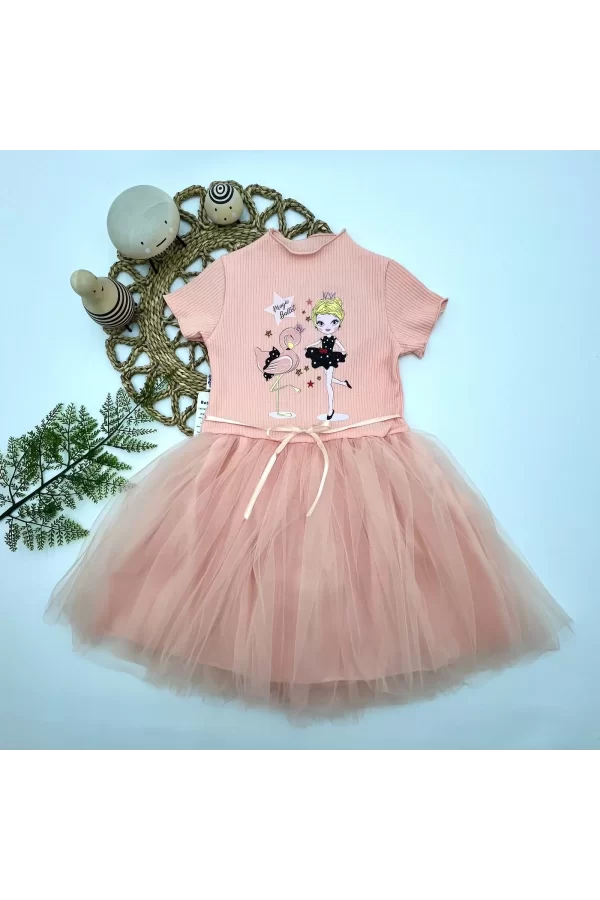 Luz&Pos 5-6-7 Yaş Flamingo Balerin Kız Baskılı Kurdela Kuşaklı Astarlı Kız Çocuk Tütü Elbise Somon