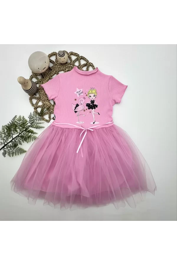 Luz&Pos 5-6-7 Yaş Flamingo Balerin Kız Baskılı Kurdela Kuşaklı Astarlı Kız Çocuk Tütü Elbise Pembe