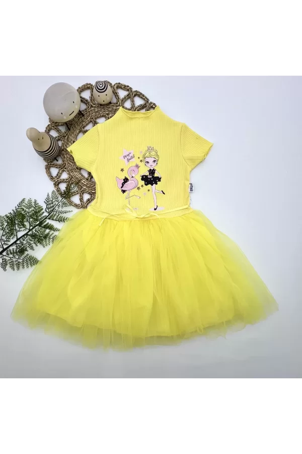 Luz&Pos 5-6-7 Yaş Flamingo Balerin Kız Baskılı Kurdela Kuşaklı Astarlı Kız Çocuk Tütü Elbise Sarı