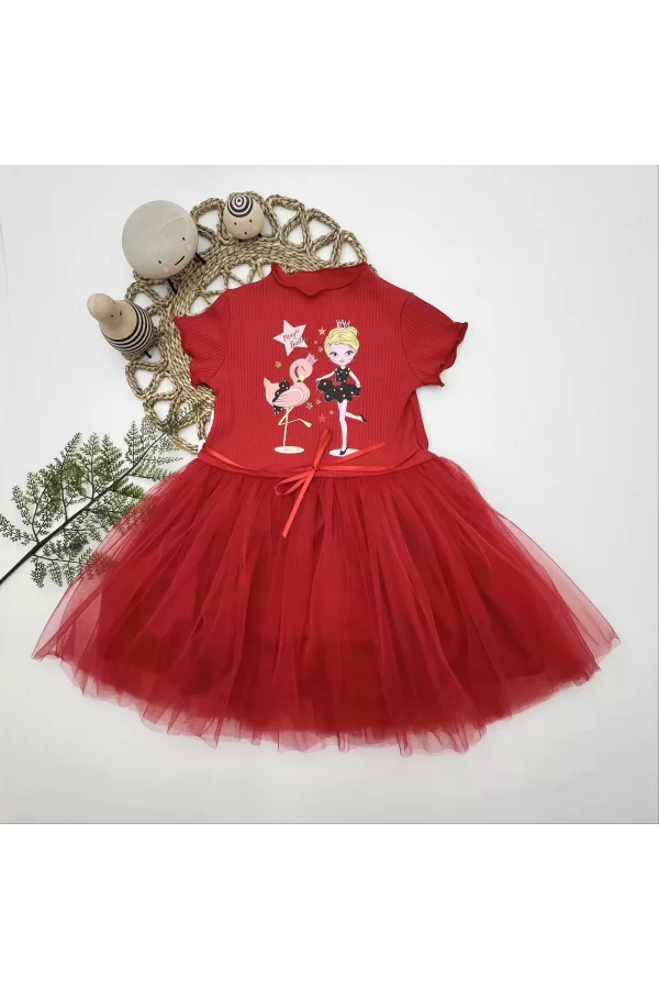 Luz&Pos 5-6-7 Yaş Flamingo Balerin Kız Baskılı Kurdela Kuşaklı Astarlı Kız Çocuk Tütü Elbise Kırmızı
