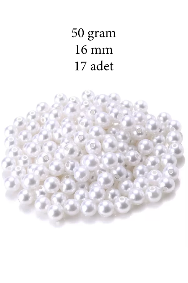 50 gram 16mm Beyaz Renk Plastik İnci Boncuk Çanta ve Takı Yapım Boncuğu (~17 adet)