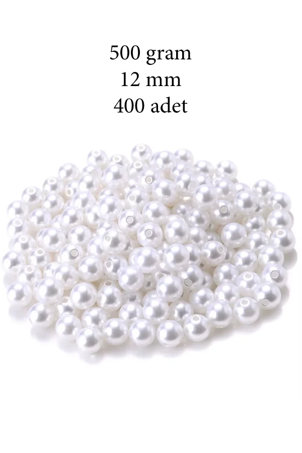 500 gram 12mm Beyaz Renk Plastik İnci Boncuk Çanta ve Takı Yapım Boncuğu (~400 adet)