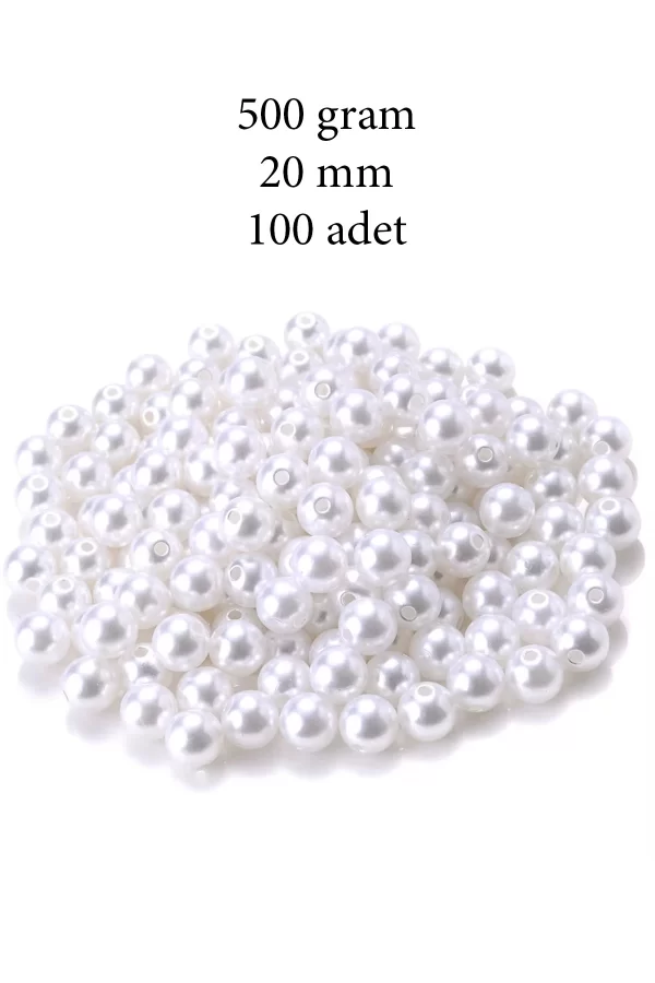 500 gram 20mm Beyaz Renk Plastik İnci Boncuk Çanta ve Takı Yapım Boncuğu (~100 adet)