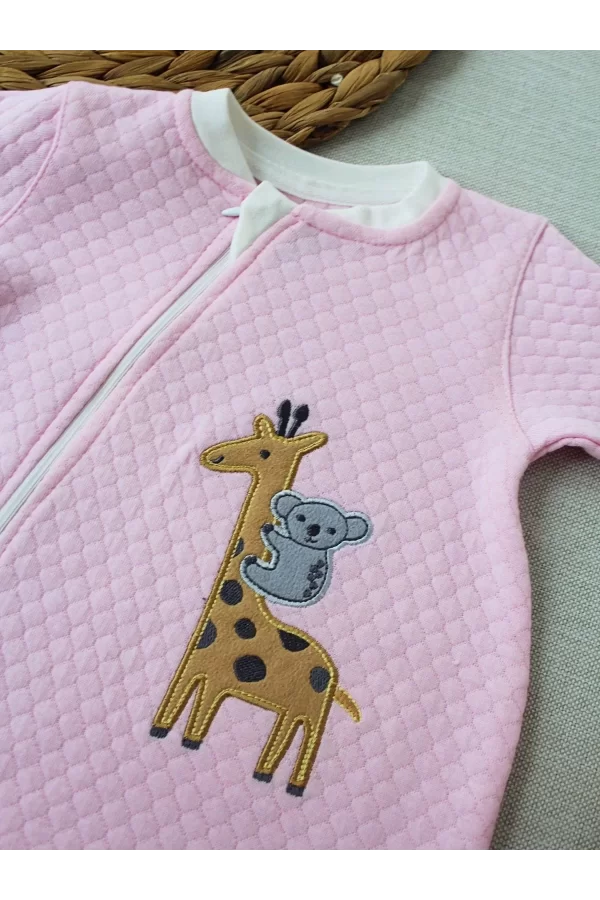 Luz&Pos 6-9 12-18 18-24 24-36 Ay Animal Nakışlı Bal Peteği Kumaş Es Fermuarlı Kız Bebek Tulumu Pembe