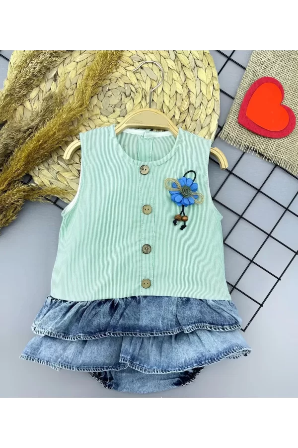 Luz&Pos 6-9-12-18 Ay Gül Rozet Detaylı Kot Kilotlu Etek Kız Bebek Elbisesi Yeşil