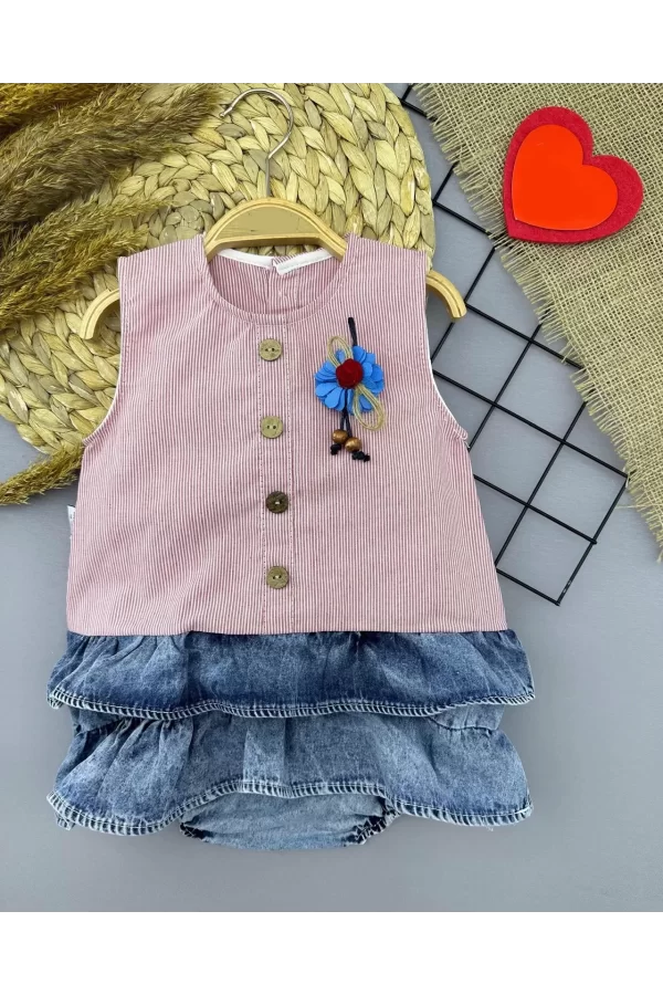 Luz&Pos 6-9-12-18 Ay Gül Rozet Detaylı Kot Kilotlu Etek Kız Bebek Elbisesi Gül Kurusu