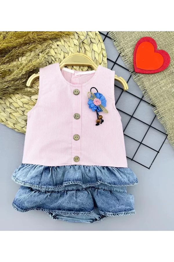 Luz&Pos 6-9-12-18 Ay Gül Rozet Detaylı Kot Kilotlu Etek Kız Bebek Elbisesi Pembe