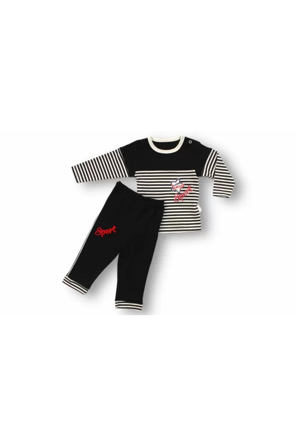 Luz&Pos 6-9 9-12 12-18 18-24 24-36 Ay Sport Baskılı Çizgili Uzun Kollu Sweatli 2li Erkek Bebek Takımı Siyah