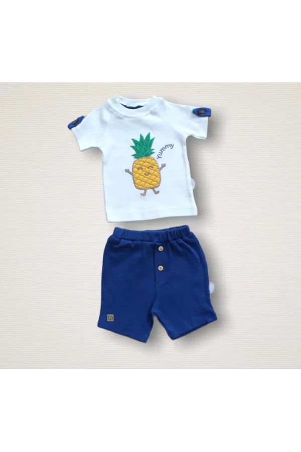 Luz&Pos 6-9 9-12 12-18 Ay Ananas Nakışlı Kısa Kollu Sweatli Şortlu 2li Kız-erkek Bebek Takımı Mavi