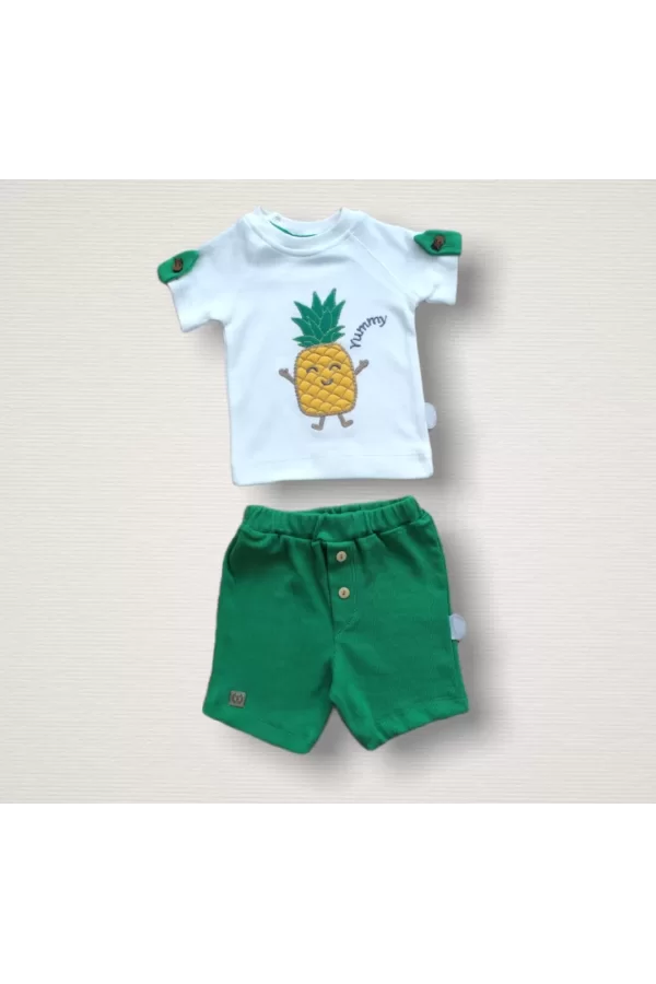Luz&Pos 6-9 9-12 12-18 Ay Ananas Nakışlı Kısa Kollu Sweatli Şortlu 2li Kız-erkek Bebek Takımı Yeşil