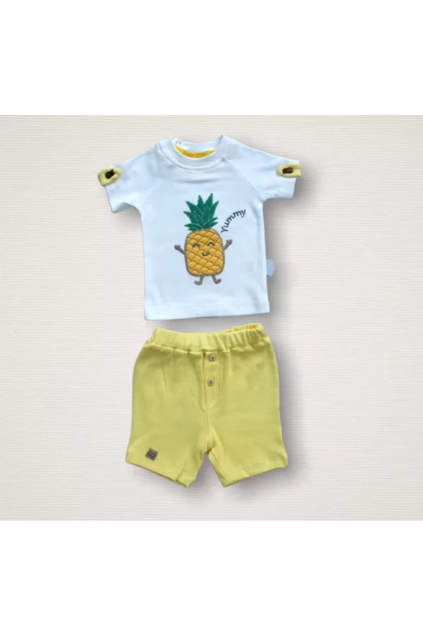Luz&Pos 6-9 9-12 12-18 Ay Ananas Nakışlı Kısa Kollu Sweatli Şortlu 2li Kız-erkek Bebek Takımı Sarı