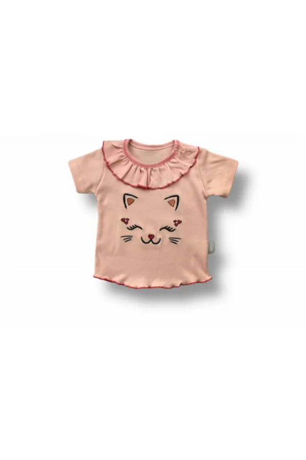 Luz&Pos 6-9 9-12 12-18 Ay Vip Kedi Baskılı Bandanalı Kısa Kollu Sweat 3lü Kız Bebek Takımı Pudra