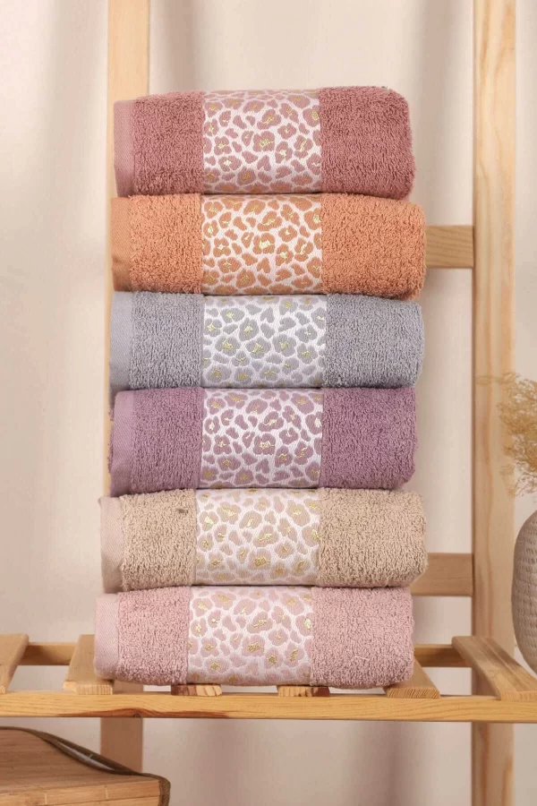 6 lı &#37;100 Pamuklu El Yüz Havlu Seti Renkli Leopar Desen 50x90 Cm