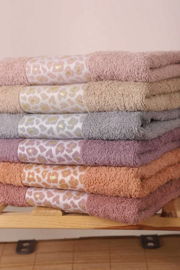 6 lı &#37;100 Pamuklu El Yüz Havlu Seti Renkli Leopar Desen 50x90 Cm
