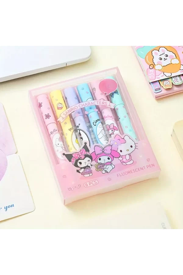 6lı Fosforlu Kalem Seti - Sanrio Karakterleri, Kuromi, Hello Kitty